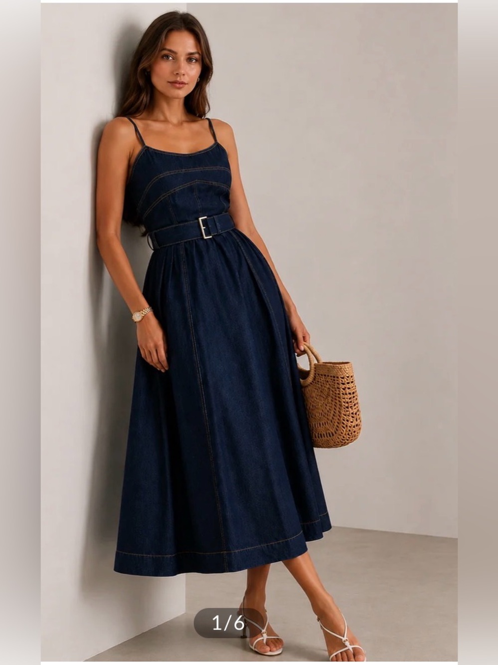 Commense Belted A-Line Denim Cami Midi Dress